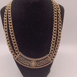 Vintage Y2K Designer Inspired Heavy Black Gold Medussa Chunky Statement Necklace